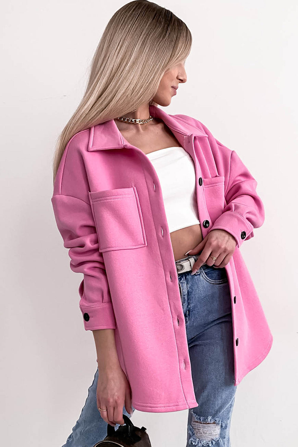 Solid Color Pocketed Button up Long Sleeve Shacket