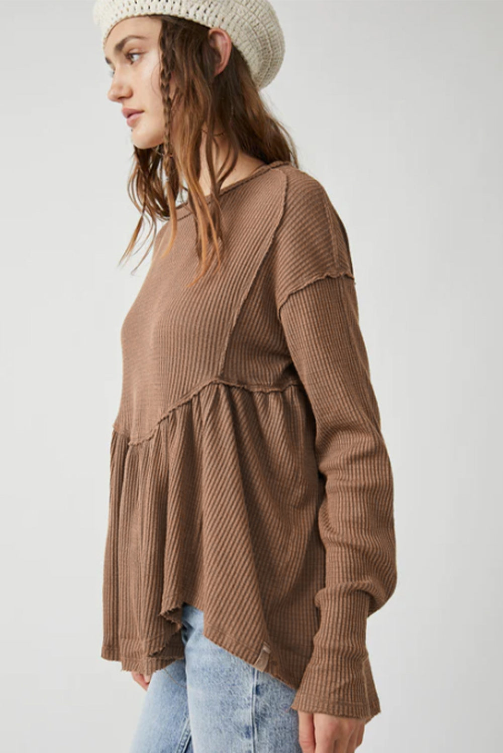 Brown Solid Color Ribbed Peplum Long Sleeve Top