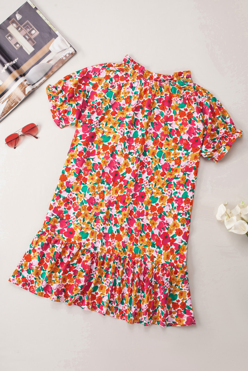 Multicolor Floral Print Frill Mock Neck Bubble Sleeve Dress