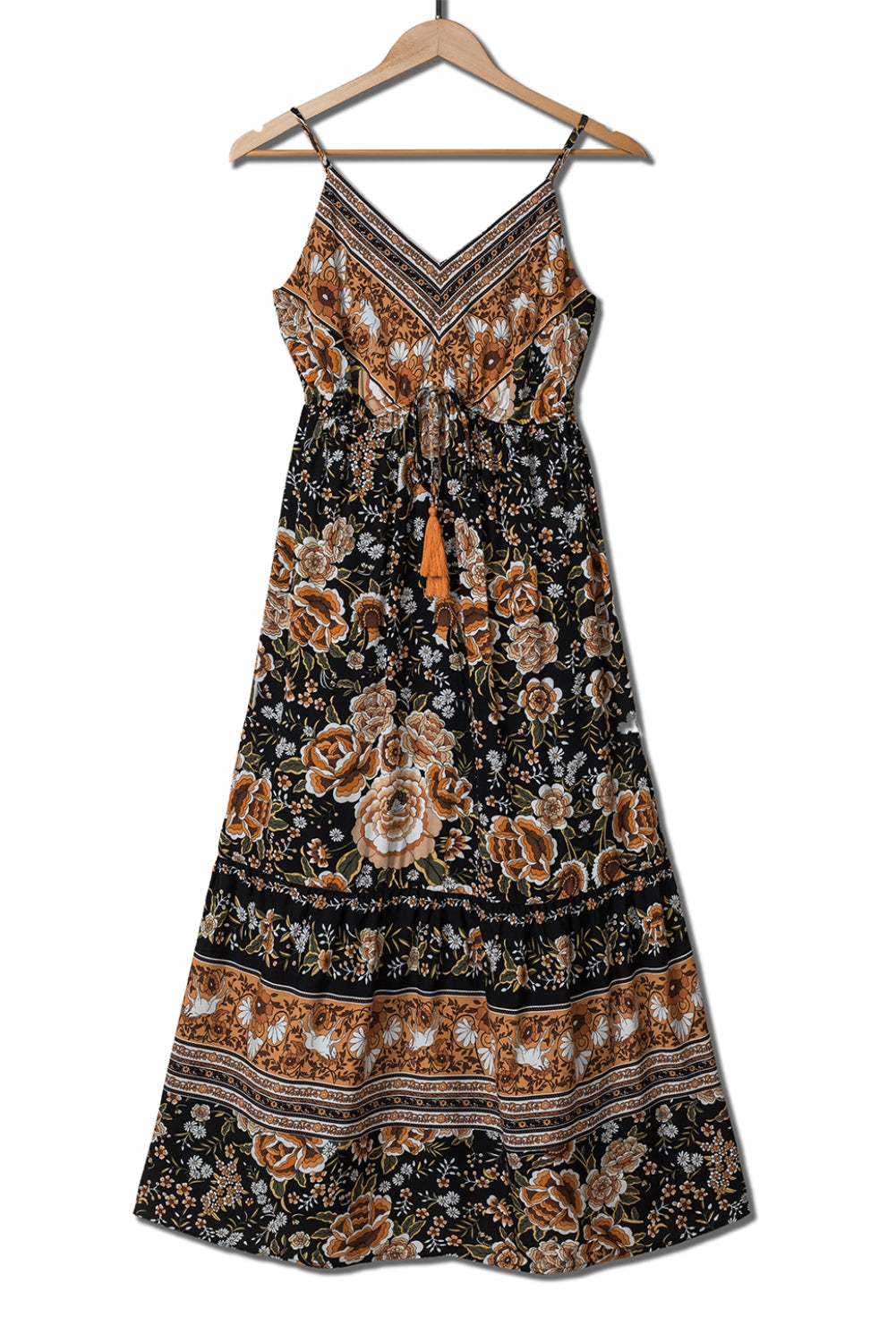 Black Retro Boho Floral Tassel Tie Maxi Dress
