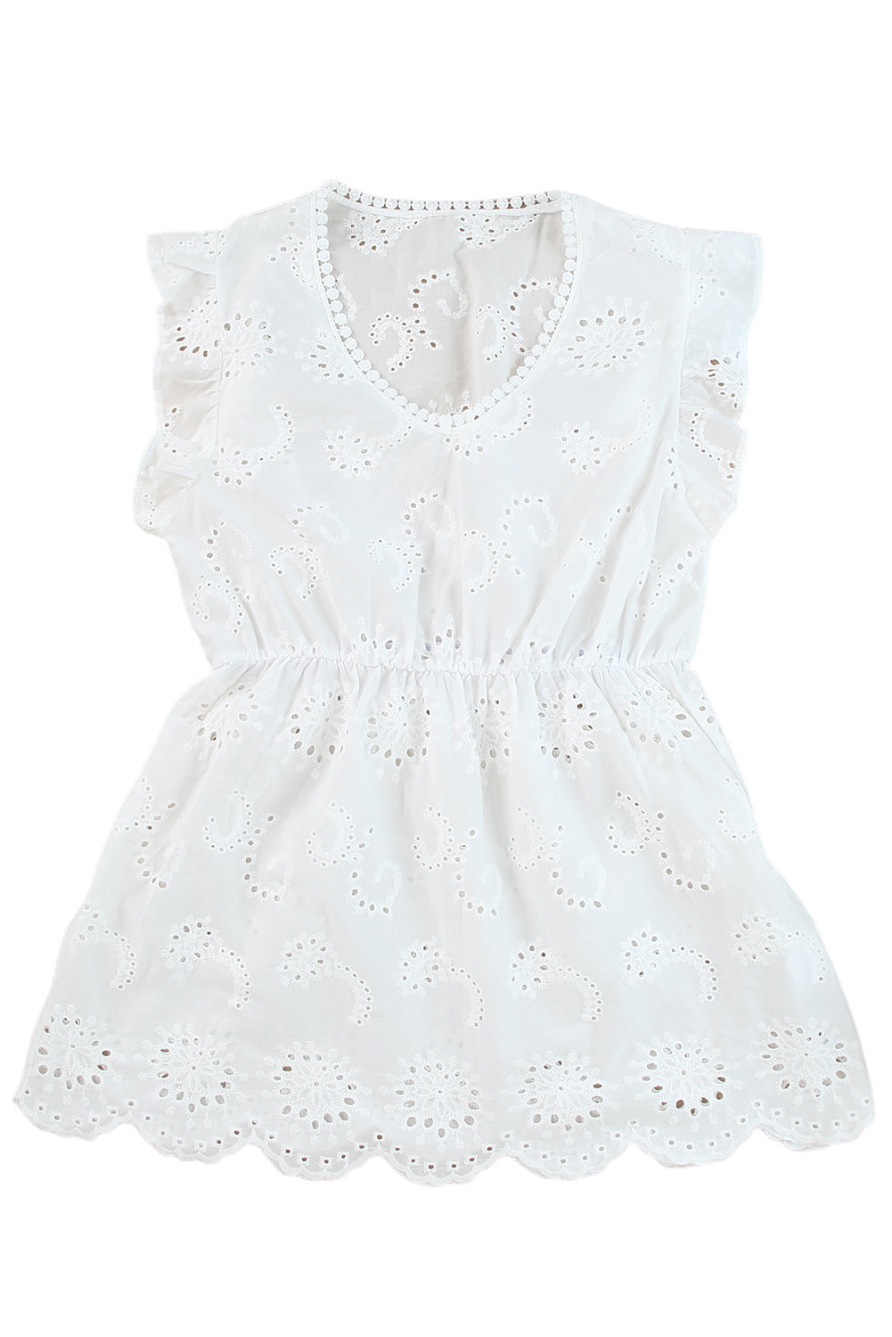 White Eyelet Floral Hollow-out Pattern Ruffle Top