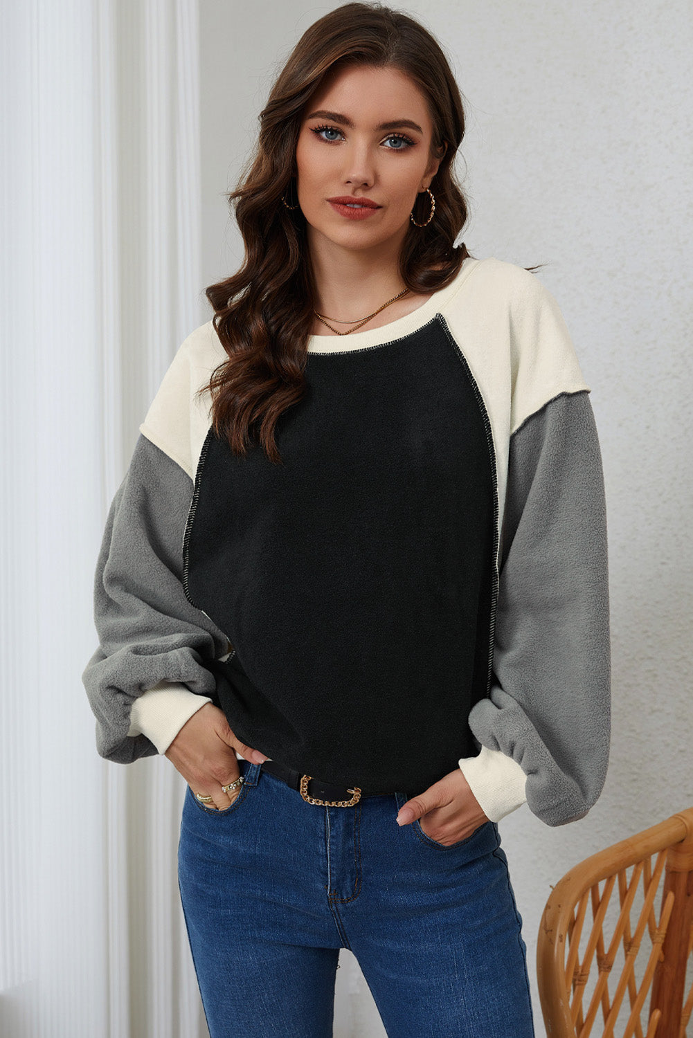 Rose Colorblock Long Sleeve Pullover Fleece Sweatshirt