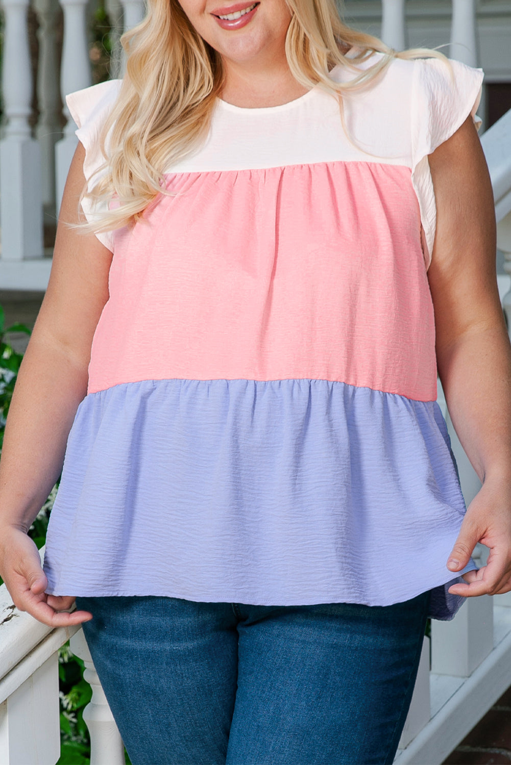 Pink Plus Size Colorblock Ruffle Flowy Top