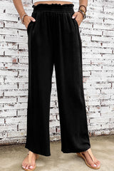 Black Wide Leg Elastic Waist Casual Pants with Pockets