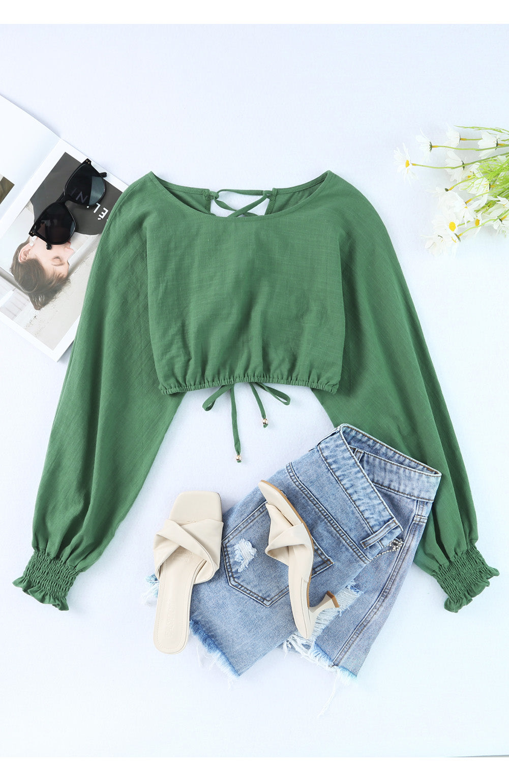 Green Bubble Sleeves Crop Top