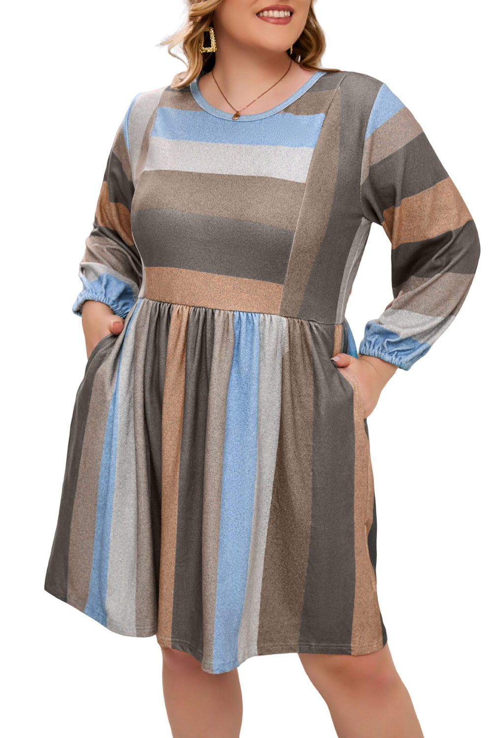 Stripe Plus Size 3/4 Sleeves Striped Print Empire Waist Dress