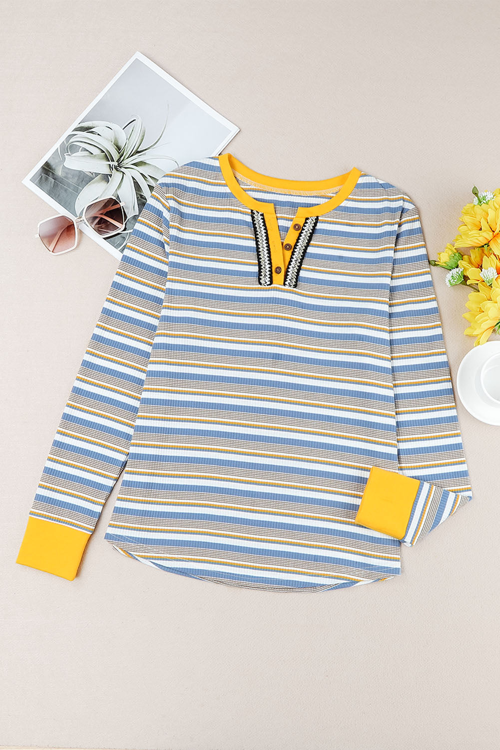 Striped Knit Button Neck Long Sleeve Top