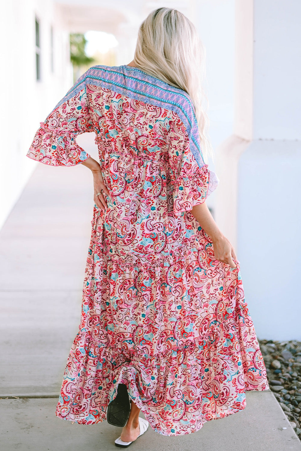 Red Boho Floral Paisley Print Tassel Tie V Neck Maxi Dress