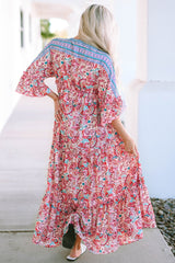 Red Boho Floral Paisley Print Tassel Tie V Neck Maxi Dress