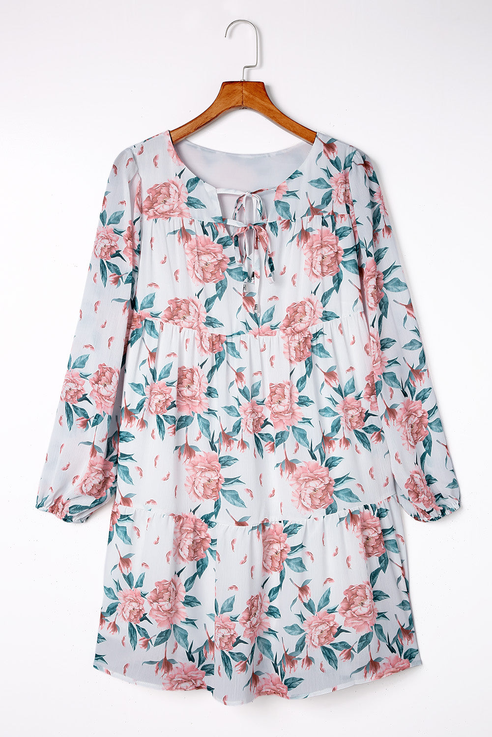 White Loose Bubble Sleeves Floral Print Dress