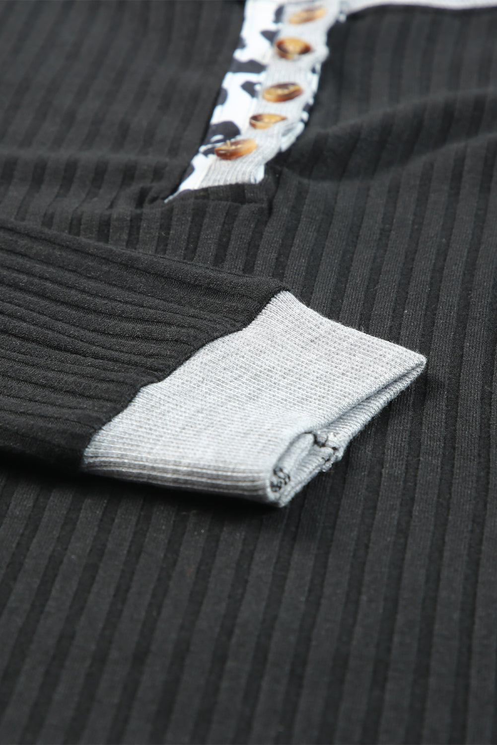 Black Contrast Neckline Ribbed Knit Henley Top