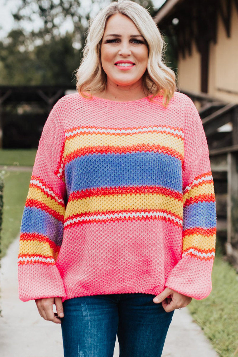 Pink Plus Size Stripe Oversized Sweater