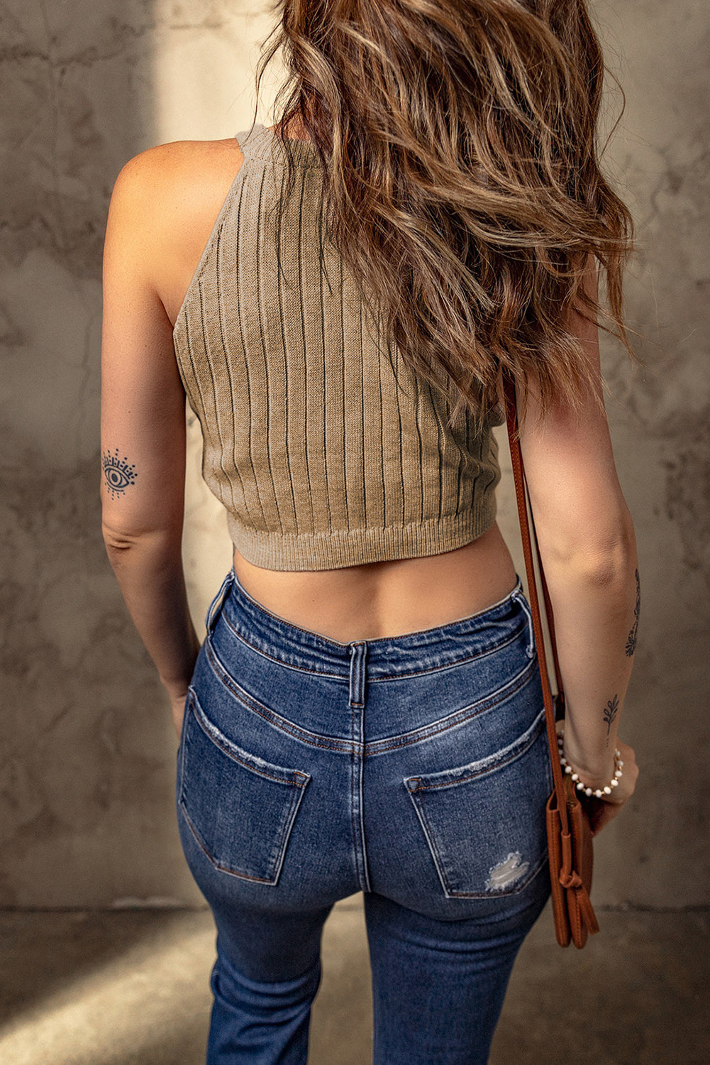 Brown Ribbed Knit Sleeveless Crop Top