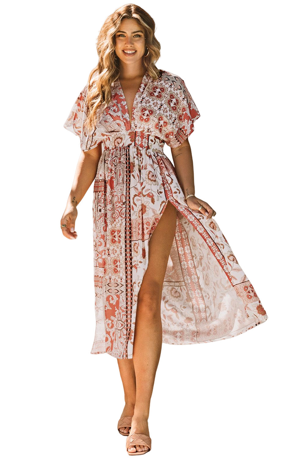 Red Boho Print Deep V Kimono Sleeves Beach Dress with Split