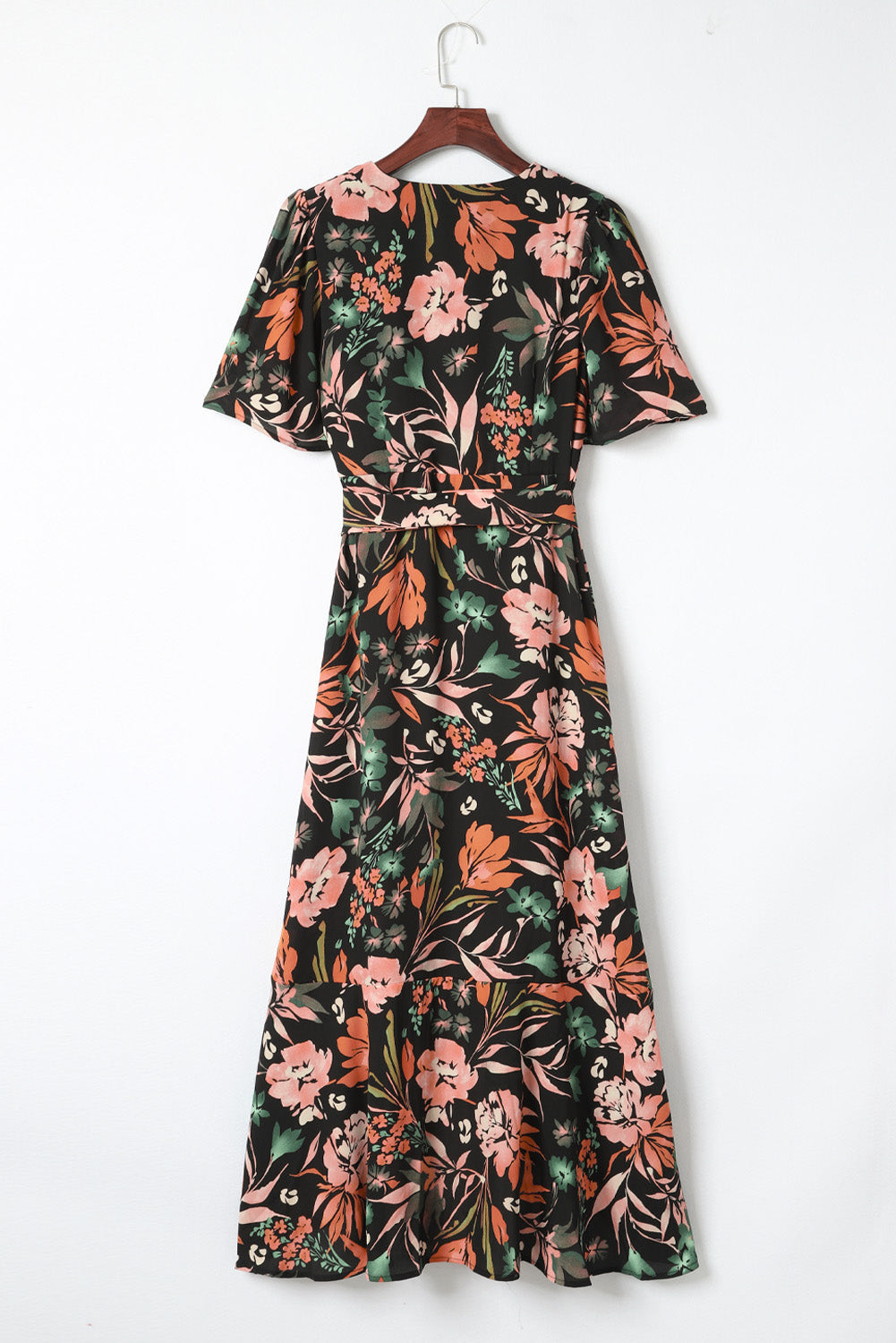 Black Floral Print Knotted Wrapped V Neck Maxi Dress