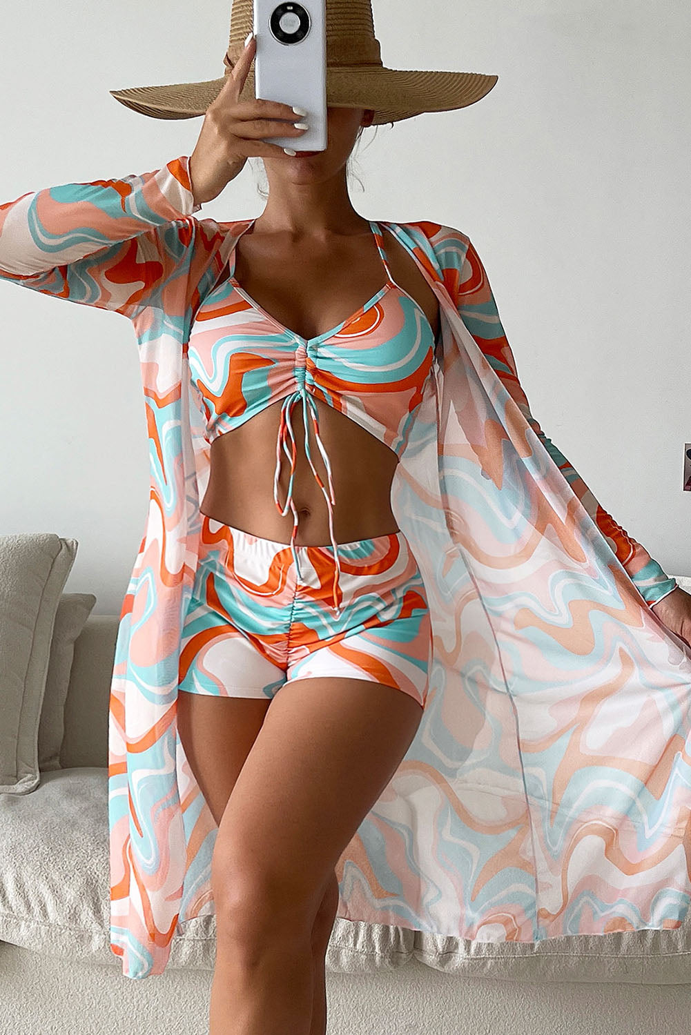 Multicolor Abstract Print Drawstring Bikini and Swim Shorts with Cover Up