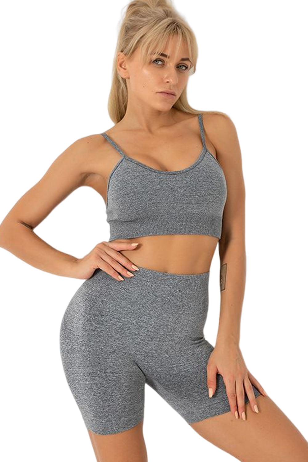 Blue Spaghetti Straps Seamless Yoga Short Set