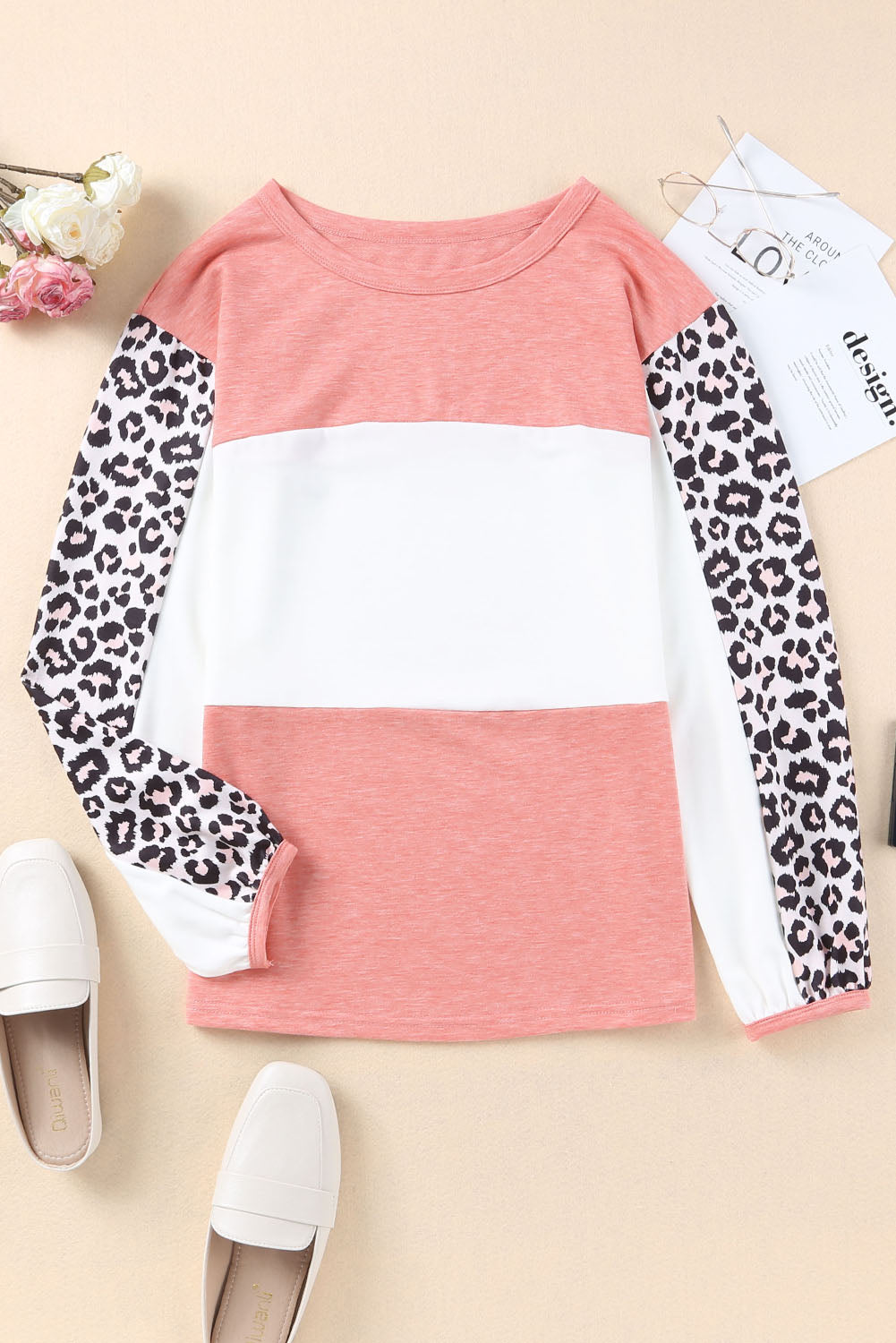 Red Leopard Color Block Knitted Long Sleeve Top