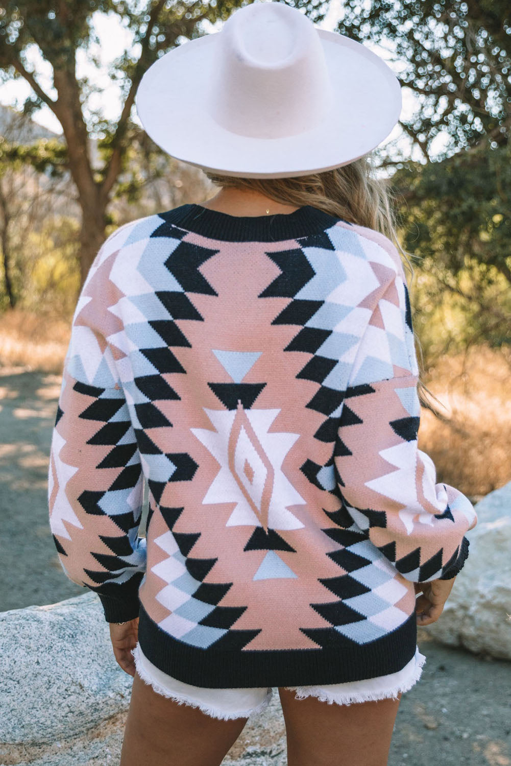 Pink Oversized Aztec Buttons Front Cardigan