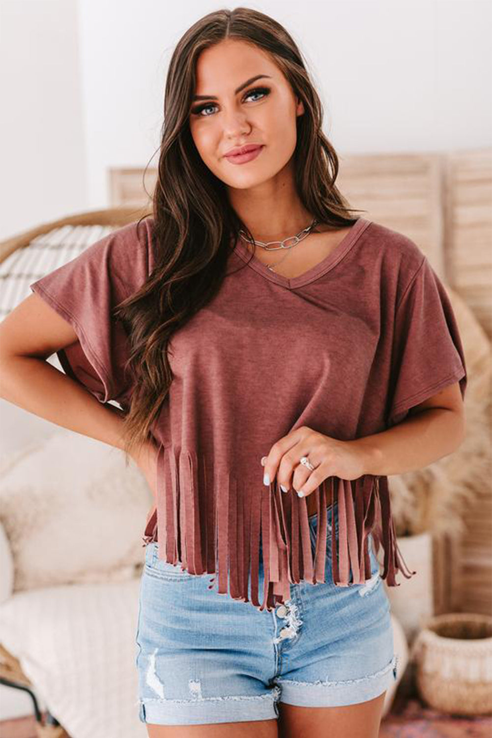 Black Fringe Hem V Neck T Shirt