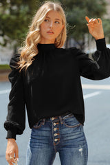 Black Long Bubble Sleeve Mock Neck Chiffon Top