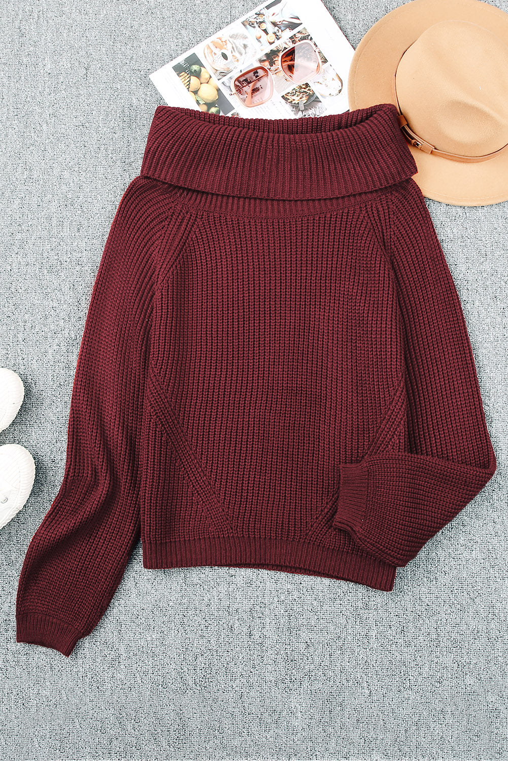 Brown Ribbed Knit Off Shoulder Sweater