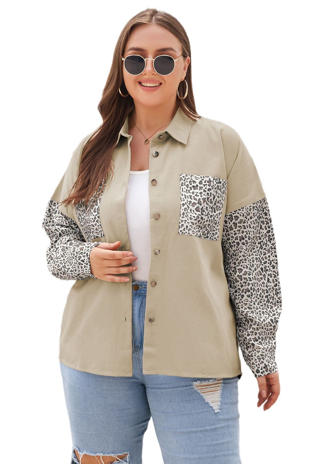 Khaki Plus Size Leopard Patchwork Shacket