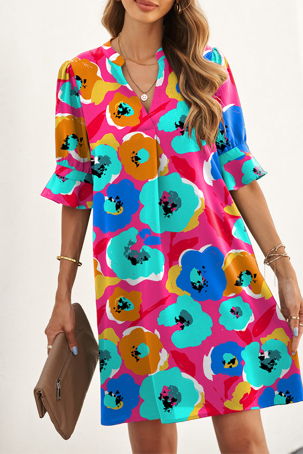 Multicolor Split V Collar Ruffle Sleeve Floral Shift Dress