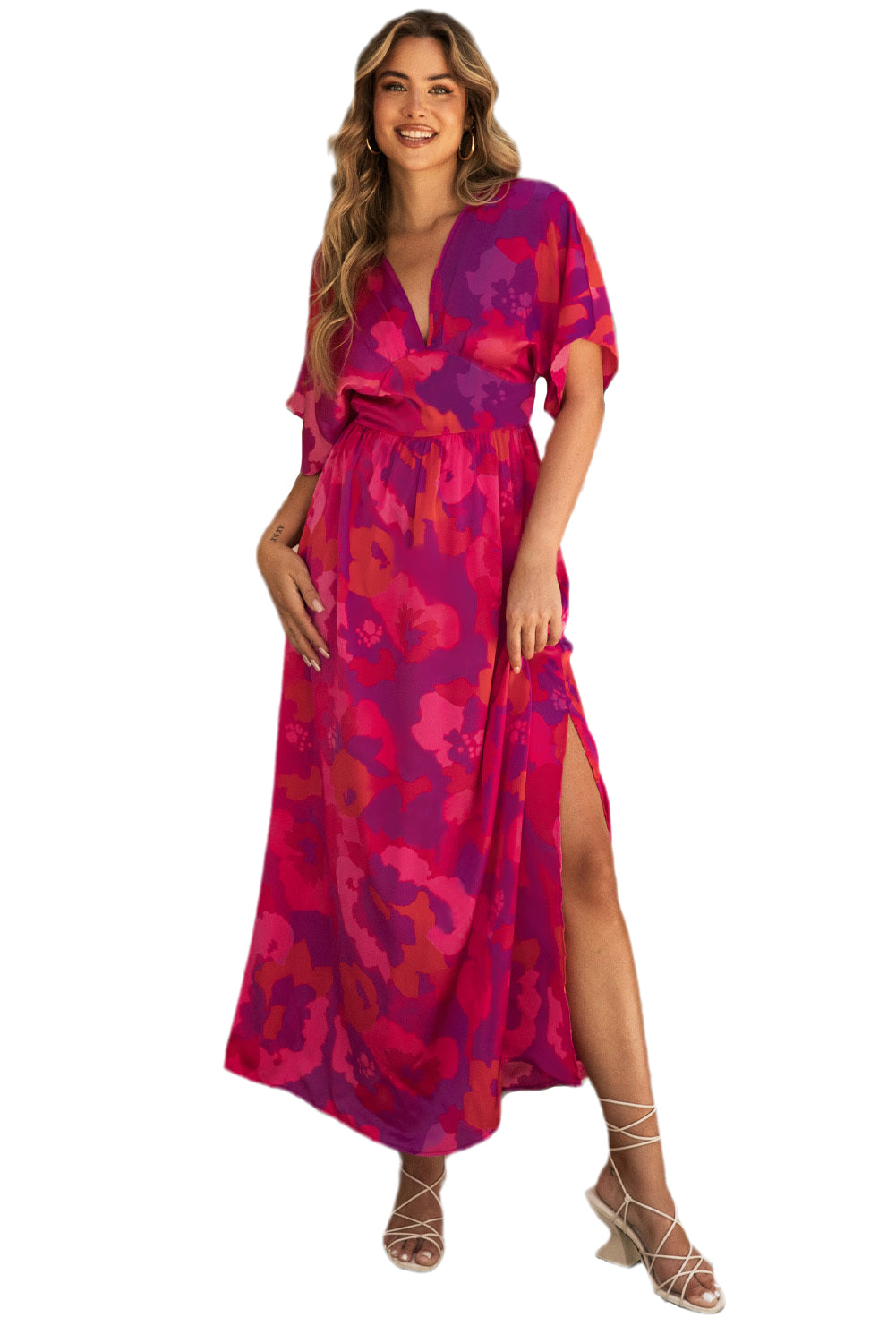 Rose Abstract Floral Print V Neck Dolman Maxi Dress
