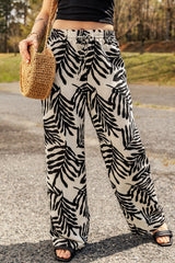 Apricot Tropical Leafy Print Drawstring Wide Leg Pants