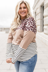 Stripe Leopard Colorblock Striped Long Sleeve Plus Size Top