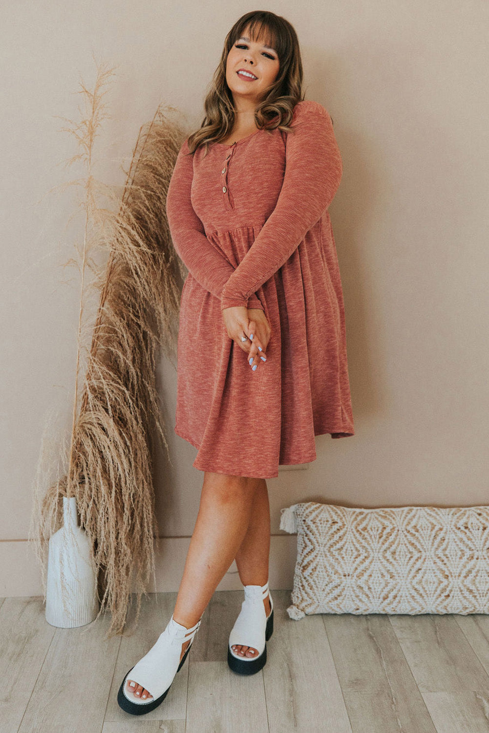 Red Plus Size Mineral Washed Ribbed Henley Dress