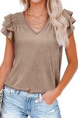 Khaki Solid Color V Neck Flutter Sleeve T-Shirt