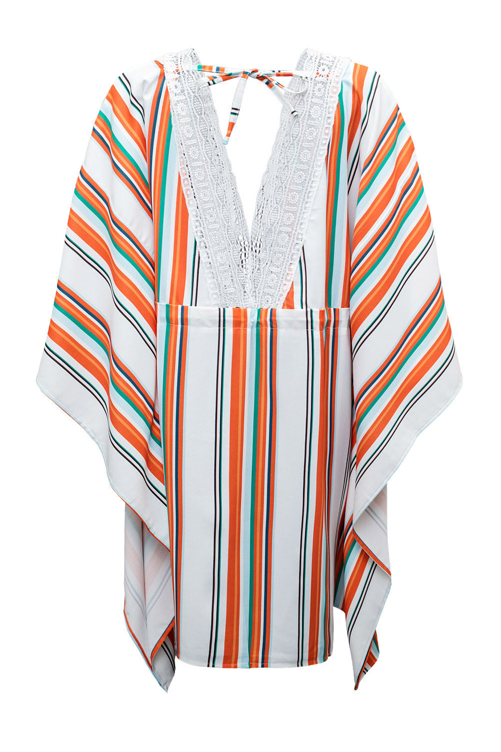 Multicolor Striped Lace V Neck Wide Sleeves Cinched Swimsuit Cover up