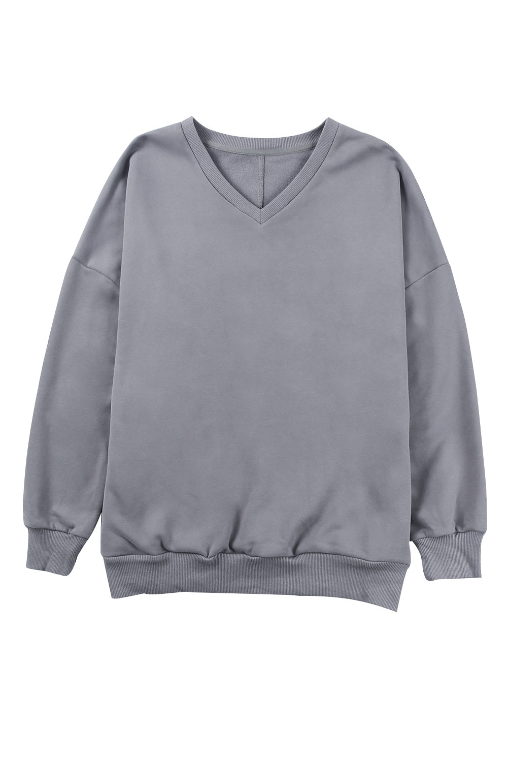 Gray Ribbed V Neck Drop Shoulder Sweatshirt