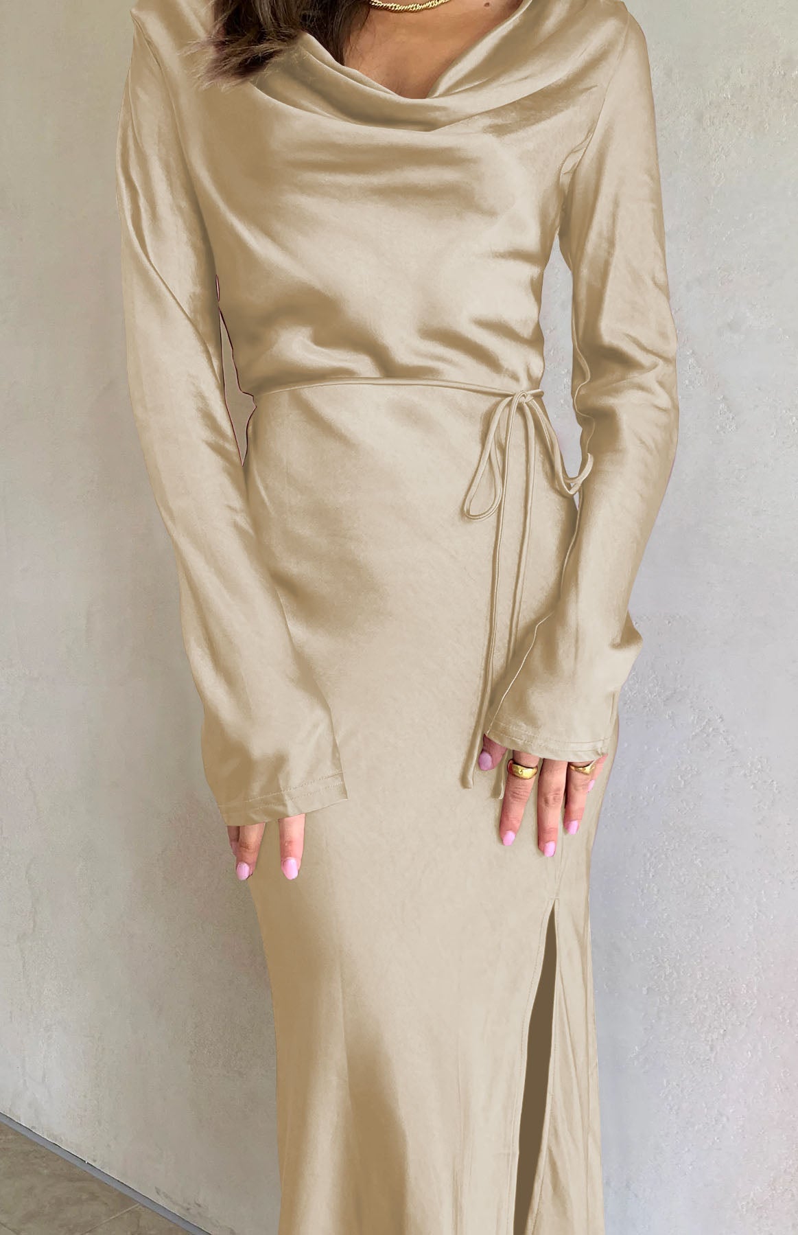 Black Drape Neck Tie Waist Long Sleeve Slit Dress