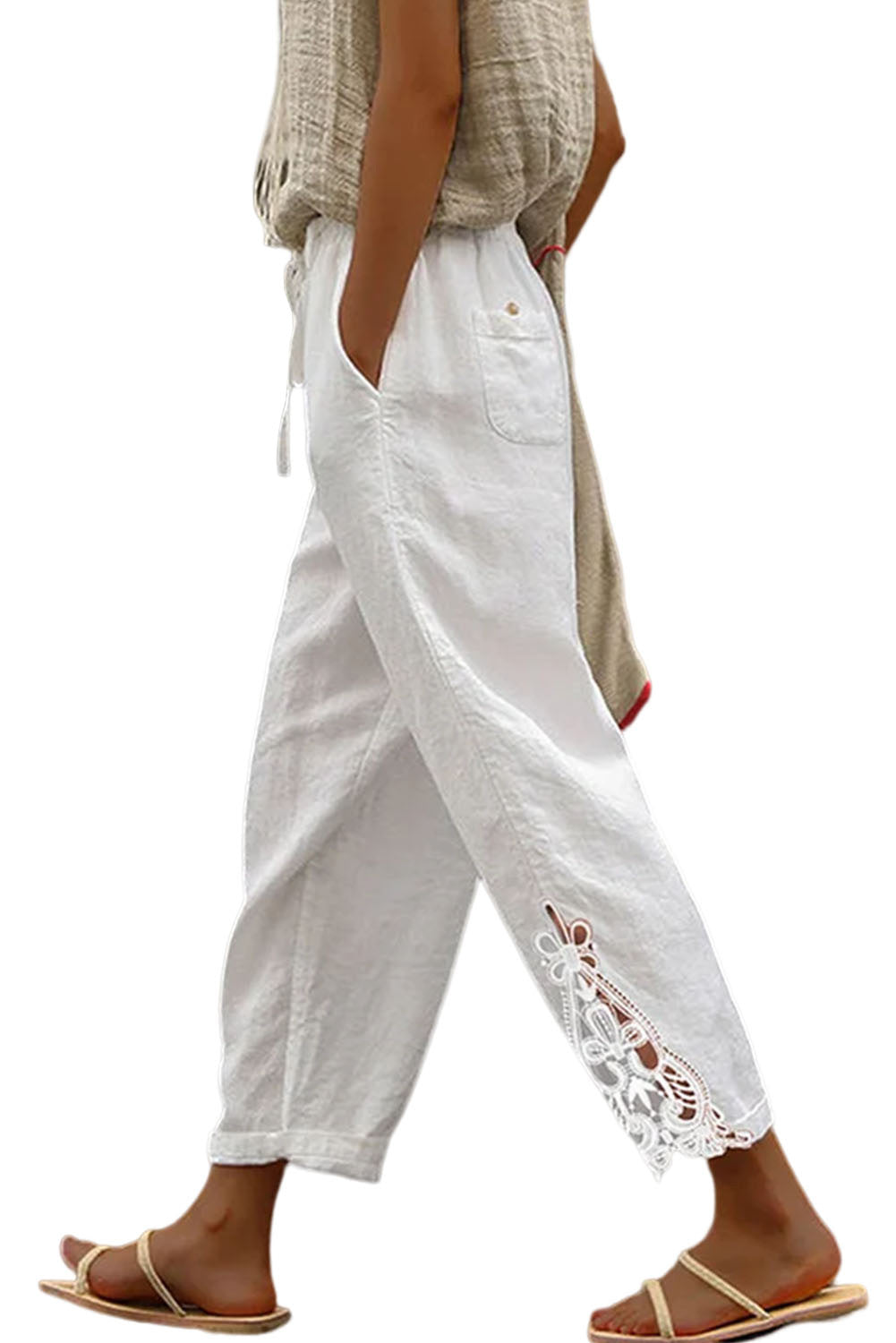 White Lace Splicing Drawstring Casual Cotton Pants