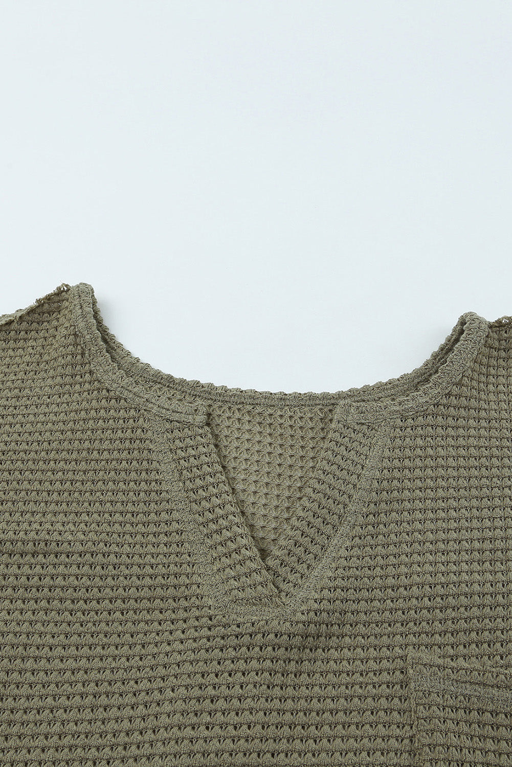 Beige Waffle Knit Split Neck Pocketed Loose Top