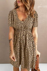 Brown Leopard V-Neck Buttons Short Sleeve Midi Dress