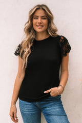 Black Lace Ruffle Sleeve Round Neck T Shirt