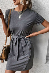 Gray Lace-up High Waist Short Sleeve Mini Dress