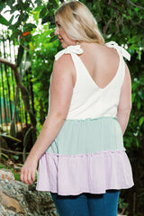 White Plus Size Color Block Ruffle Tiered Babydoll Tank Top