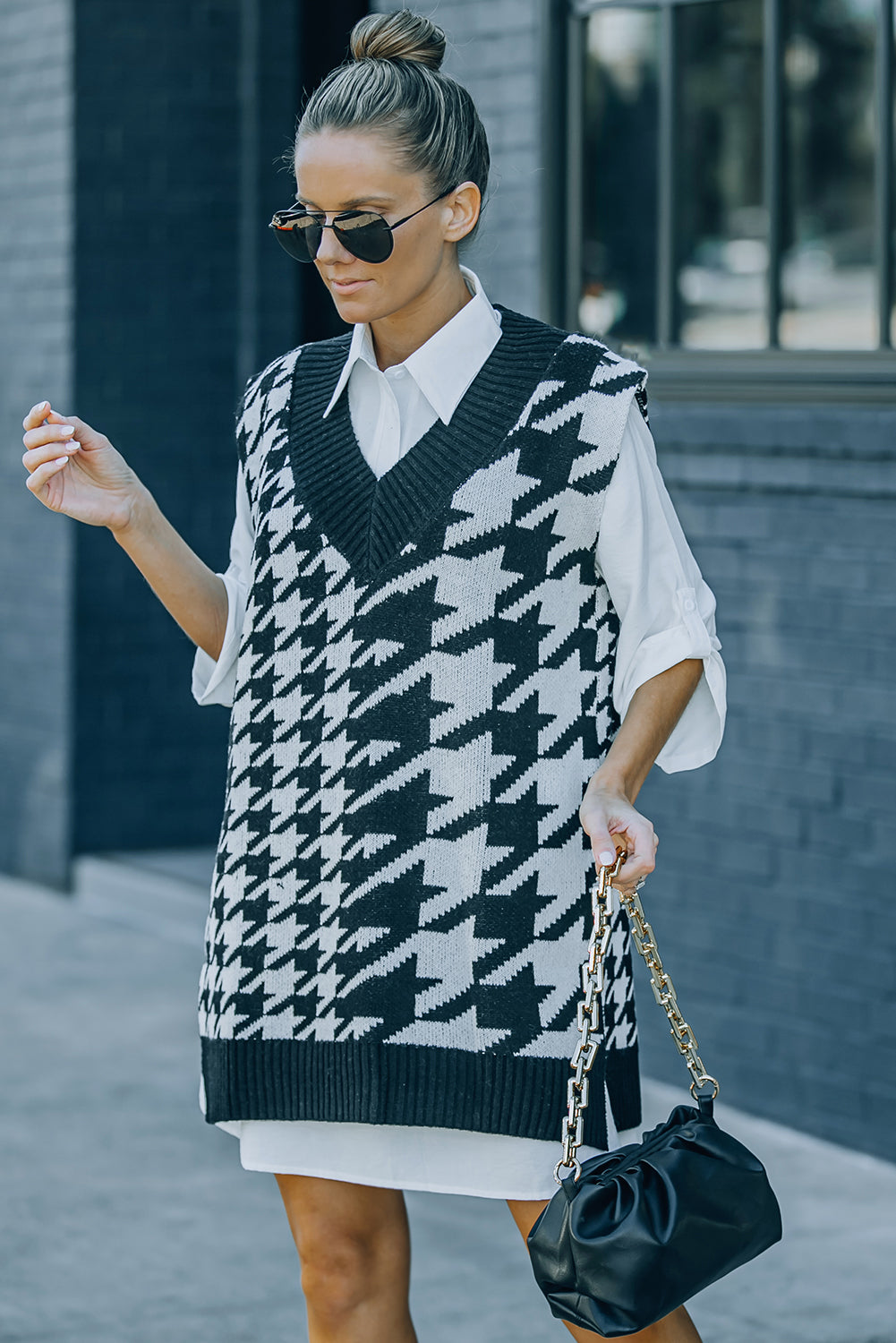 Black Houndstooth Sweater Vest with Slits
