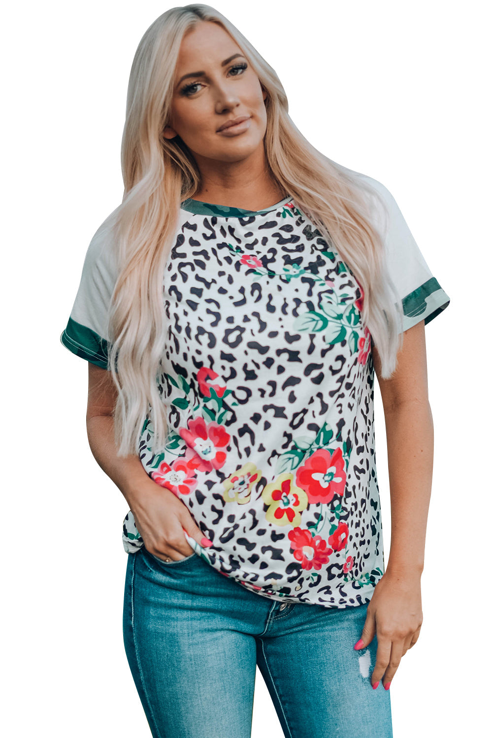 Leopard Floral Camouflage Raglan Sleeve T-shirt