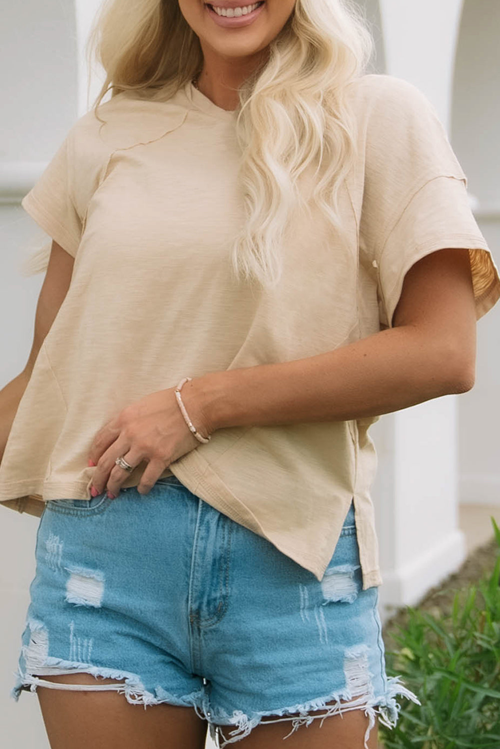 Apricot Solid Patched Side Slit T Shirt