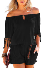 Black Off-Shoulder Fringed Sleeve Pocketed Romper