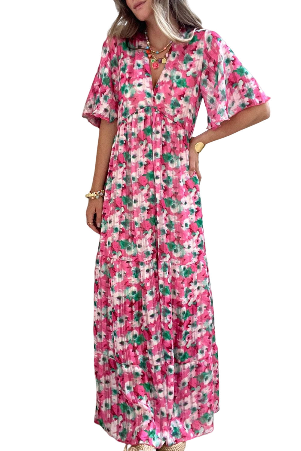 Pink Wide Sleeves Floral Print Maxi Dress