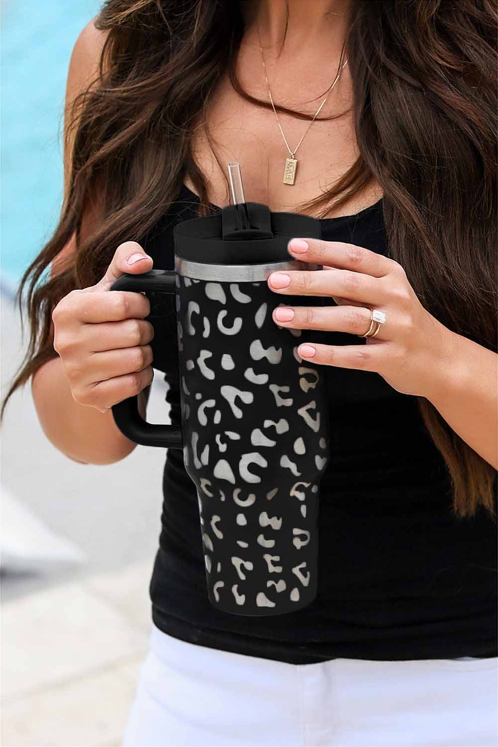 White Leopard Print 40OZ Stainless Steel Portable Cup with Handle