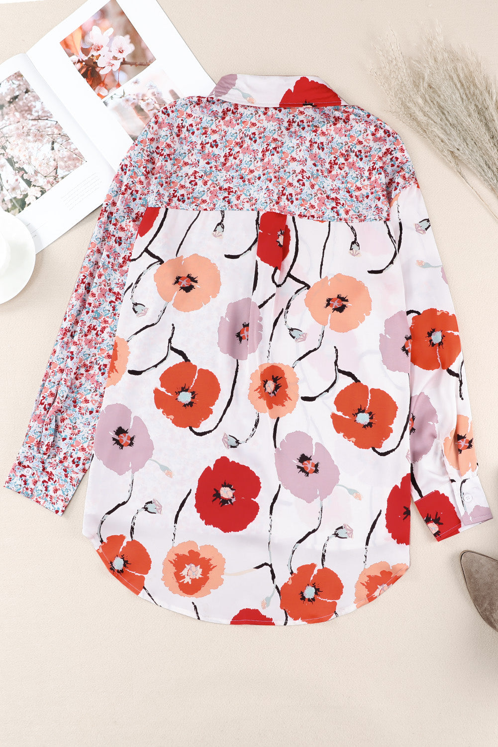 Red Floral Patchwork Buttoned Shirt with Pocket