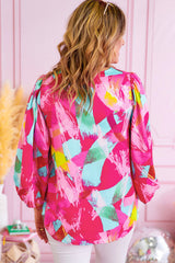 Pink Plus Size Graffiti Print Split Neck Puff Sleeve Blouse